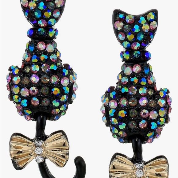 Betsy Johnson Black Cat Iridescent Rhinestone Drop Earrings, NWT,🌛 - Picture 2 of 11